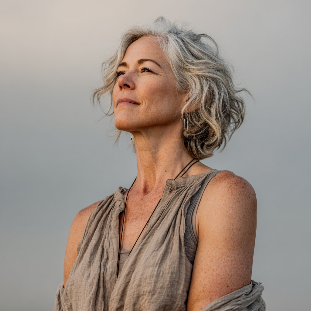 Calm woman in her fifties in a reflective standing pose